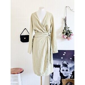 H&M Sage Pastel Green Long Sleeve Midi Wrap Dress Spring S